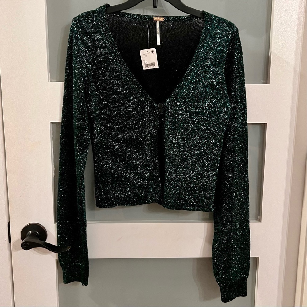 FREE PEOPLE EMMALINE metallic green cardigan. NWT Size XS